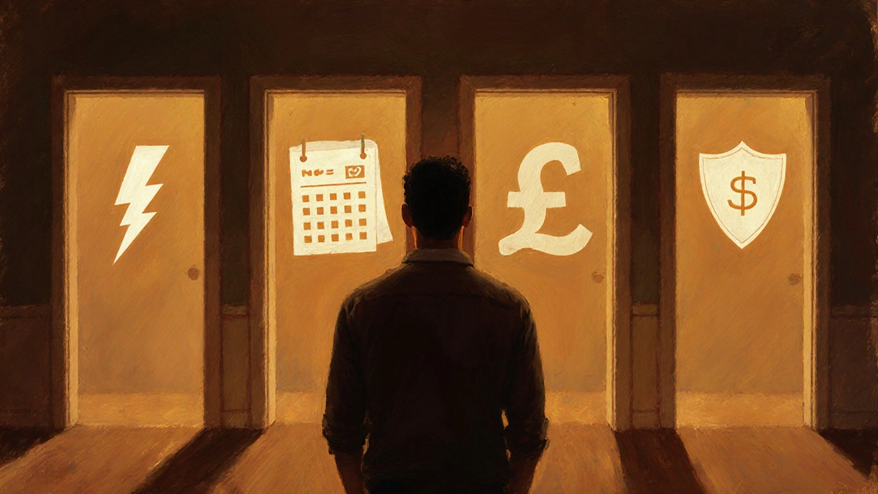 A man stands before four doors, each lit by symbols of speed, duration, cost, and safety.