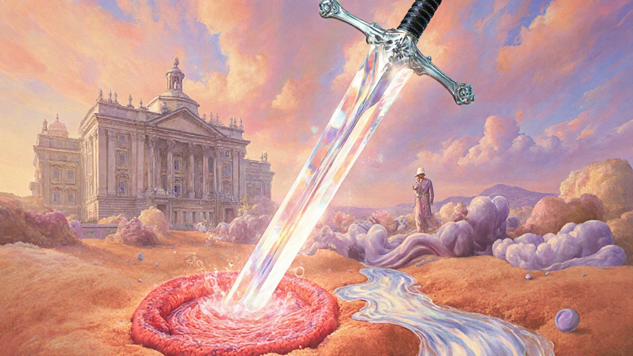 A symbolic skin battlefield with a retinoid sword clearing pores, niacinamide flowing like silk, and a fading antibiotic soldier.