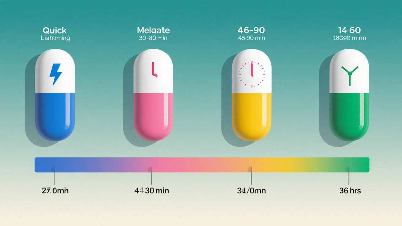 A timeline shows four colored pills with clocks and bars indicating onset and duration.