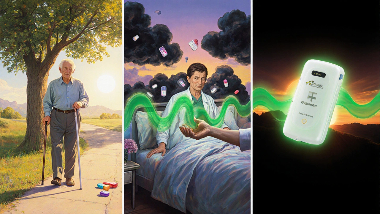 A triptych showing health, illness, and hope with a lactate monitor casting a green glow at dawn.