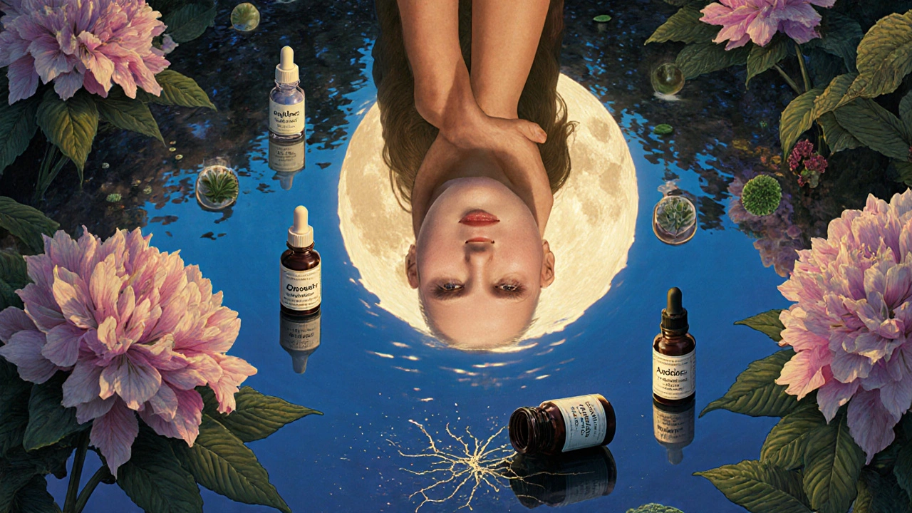 A woman with clear skin in a moonlit garden, her reflection showing healthy skin cells and healing products, while a broken Cleocin Gel vial lies at her feet.