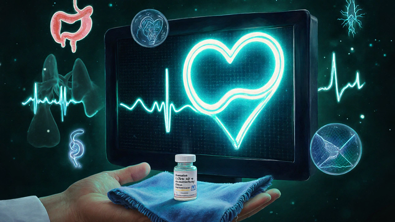 An ECG monitor glowing with a prolonged QT interval beside a domperidone vial in a medical setting.