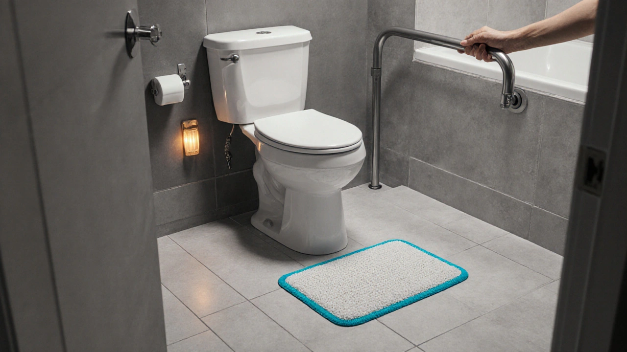 Bathroom showing grab bar, anti‑slip mat, and night‑light for fall prevention.
