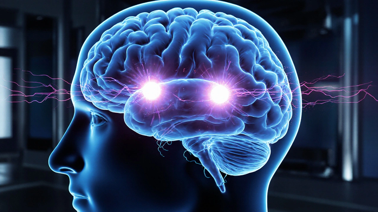 Brain illustration with DBS electrodes and TMS coil showing neuromodulation.