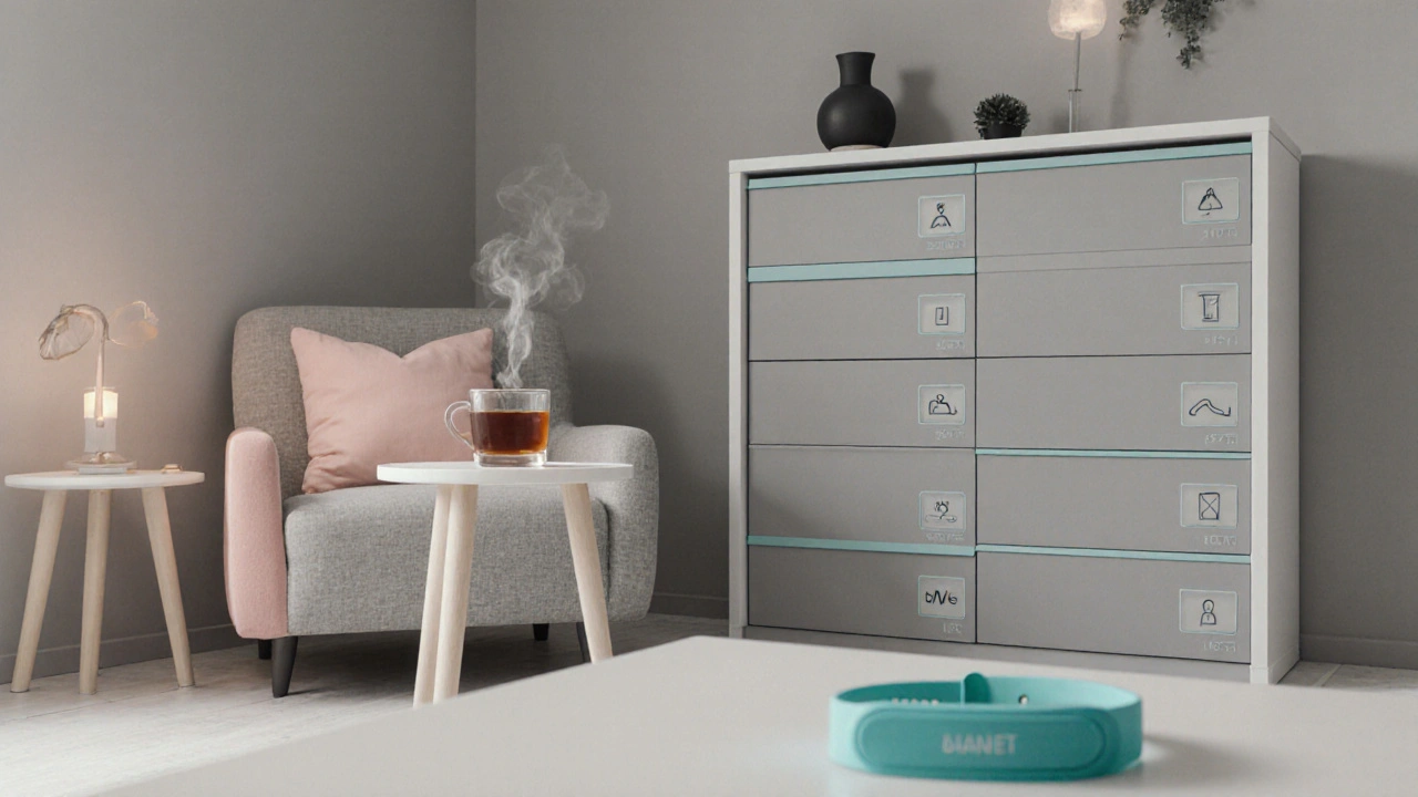 Calm living room with labeled drawers, soft lighting, and GPS tracker wristband.