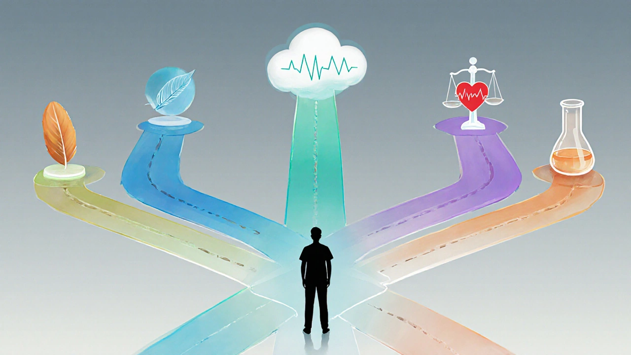 Concept art showing a patient at a crossroads with colored paths representing medication choices.