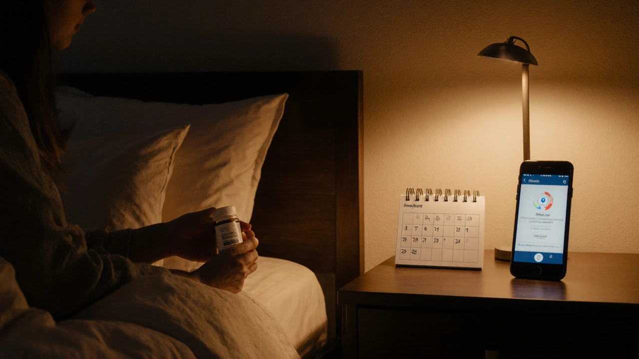 Cozy bedroom scene with person opening medicine bottle, calendar and phone indicating treatment plan.