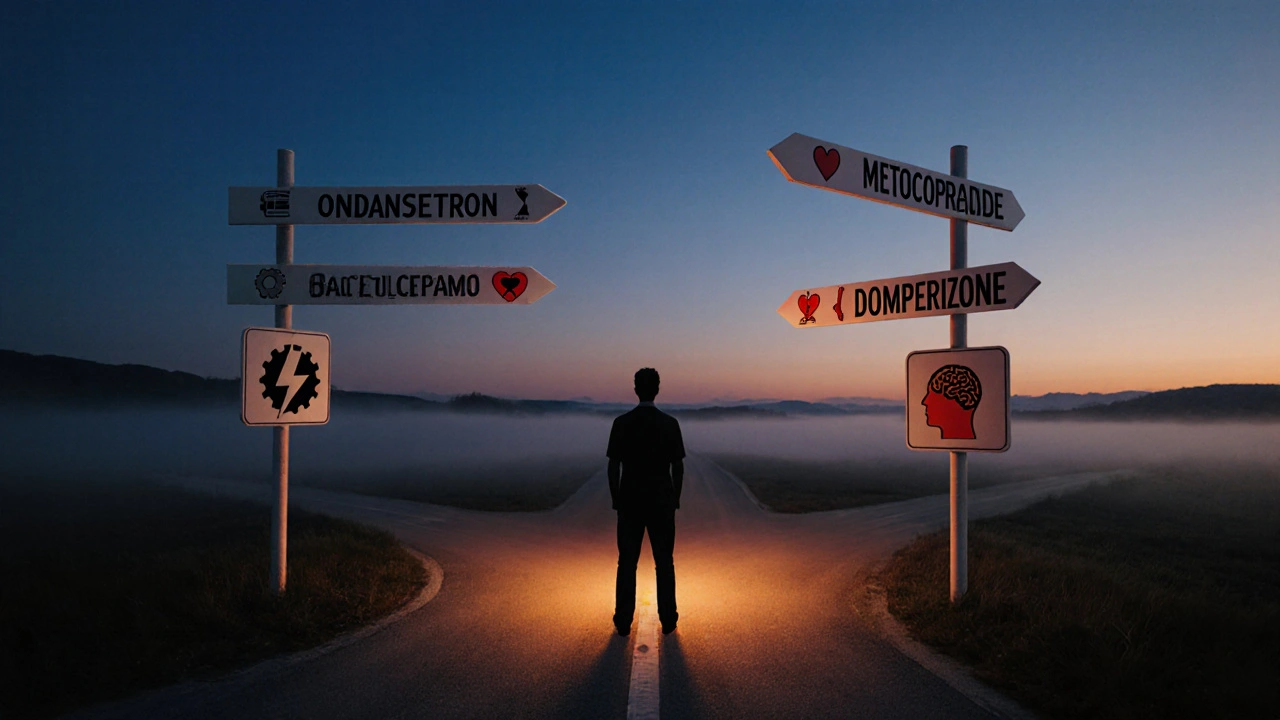 Crossroad scene with signposts and visual symbols for different anti‑nausea drugs, a patient figure choosing a path toward the Compazine option.