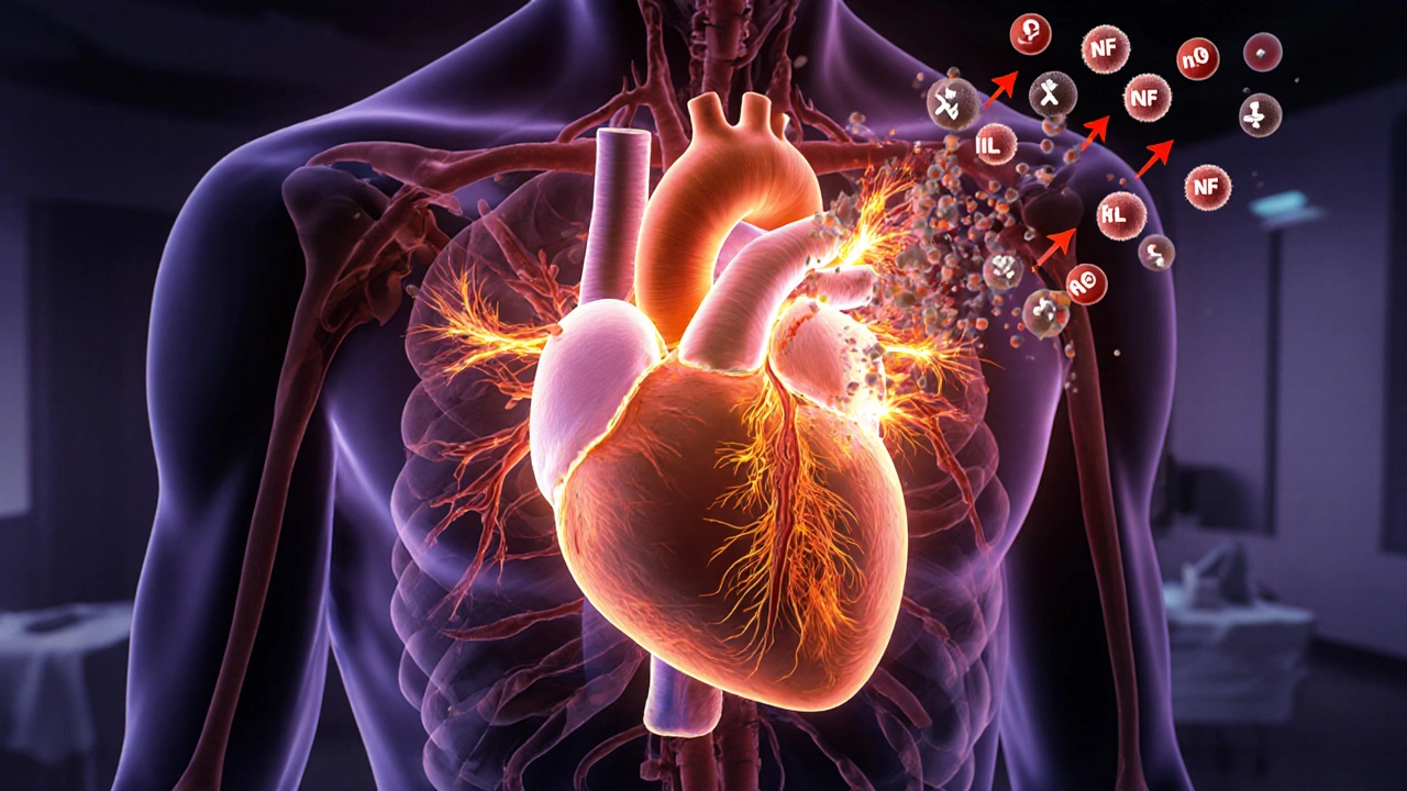 Digital art of a fast‑beating heart, sympathetic nerves, and immune cells showing inflammation rise.