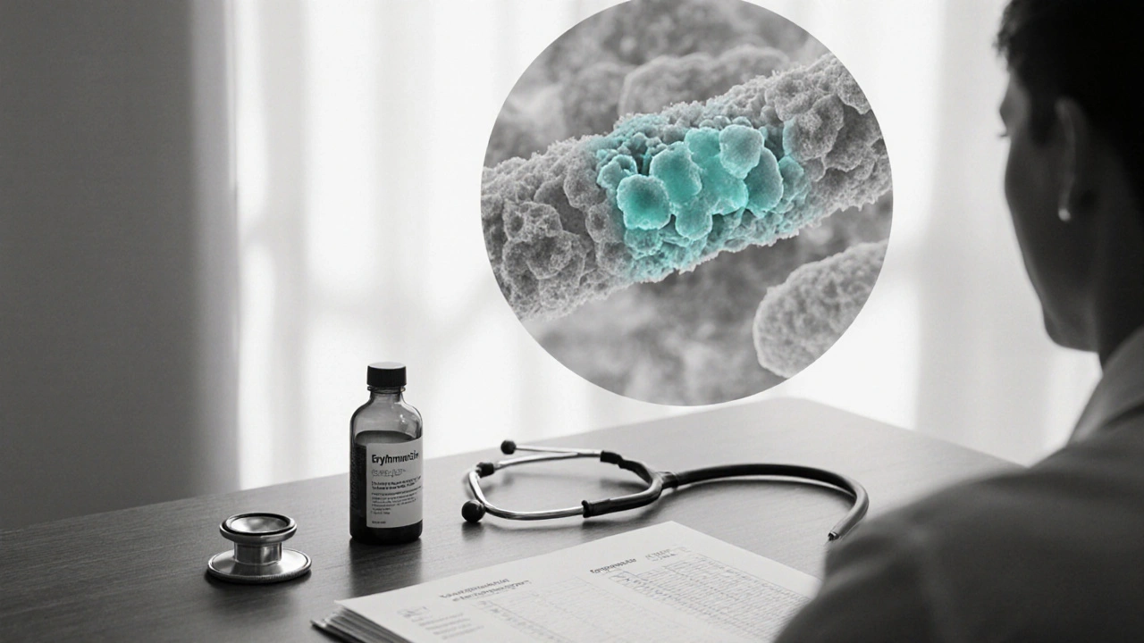 Doctor's office scene showing erythromycin bottle and a visual of the drug binding to a bacterial ribosome, monochrome.