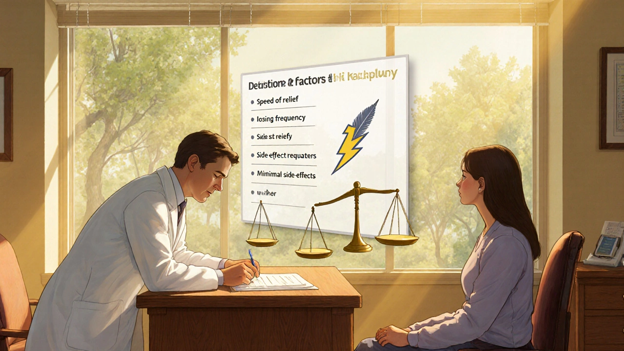 Doctor and patient discussing angina treatment options with a glowing decision chart.