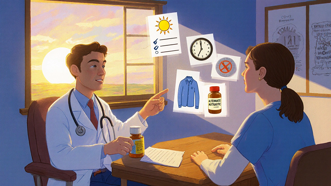 Doctor and patient discussing sunscreen and alternative antibiotics beside a checklist.