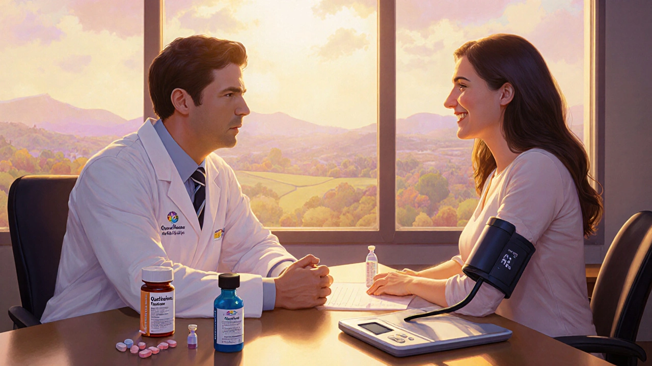 Doctor and patient reviewing medication and health monitoring tools in a sunny office.