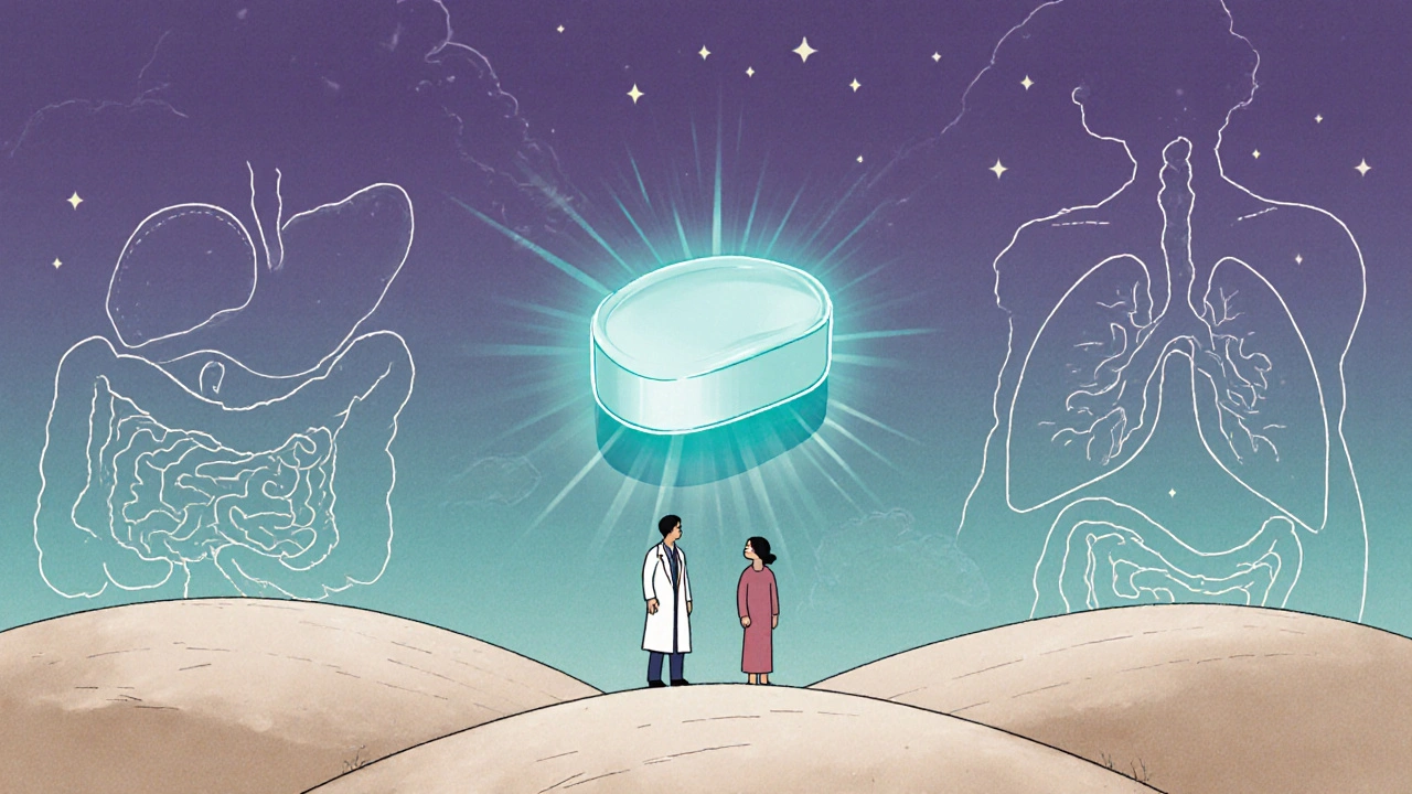 Doctor and patient viewing a horizon of disease silhouettes illuminated by a glowing Baricitinib tablet.