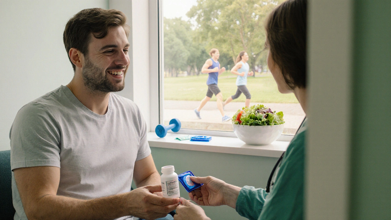 Doctor giving prescription and condoms to patient in a bright clinic hallway.