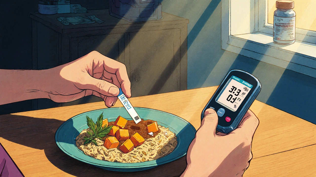 Fit person checking blood glucose while eating a balanced oatmeal‑protein meal in a sunny room.
