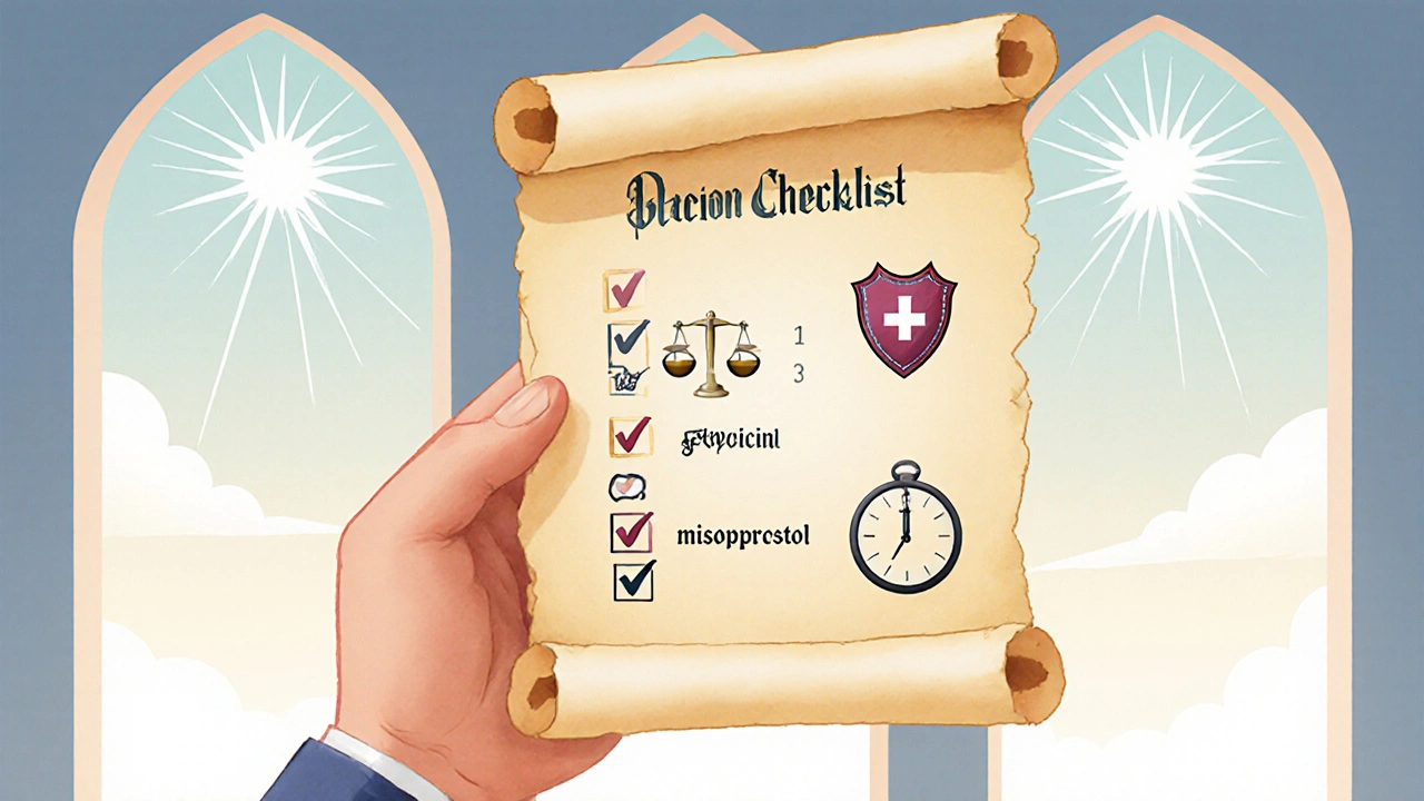 Hand holding a checklist with icons weighing Bethanechol against safer alternatives.