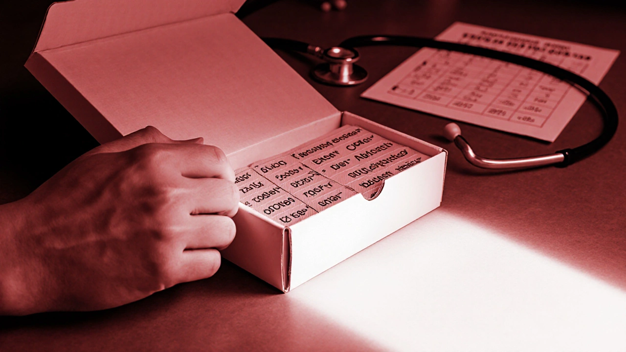 Hand opening a box revealing furosemide tablets with batch numbers, medical items blurred.