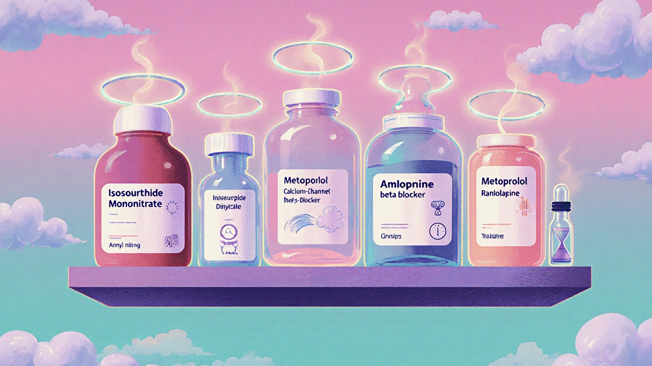 Illustrated shelf displaying various angina medication bottles.