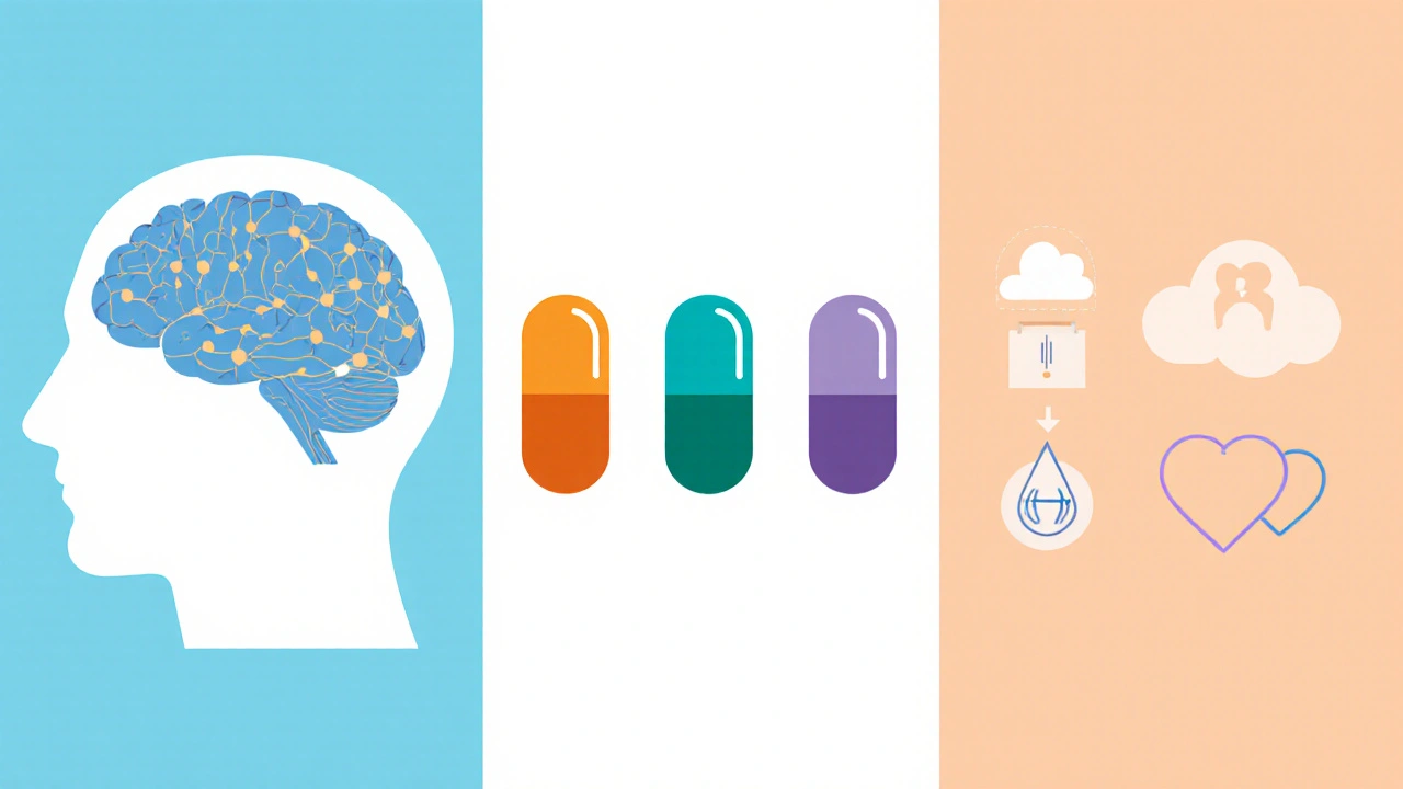 Illustration comparing brain, six pill icons, and side‑effect symbols.
