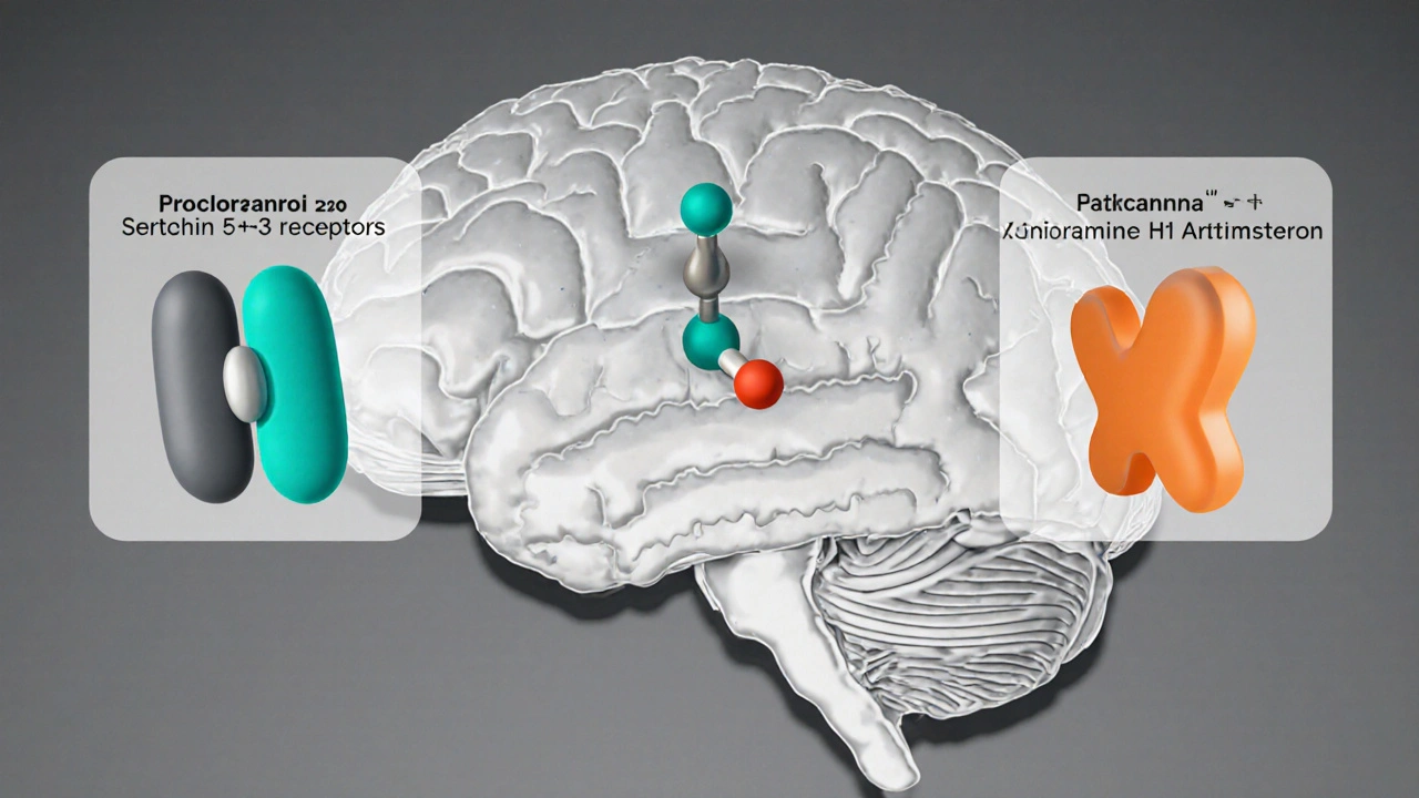 Illustration of brain region with dopamine receptors blocked by a drug molecule, alongside serotonin and histamine receptor scenes.