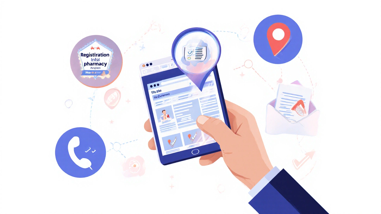 Illustration of hand with phone showing pharmacy icons and check marks for verification steps.