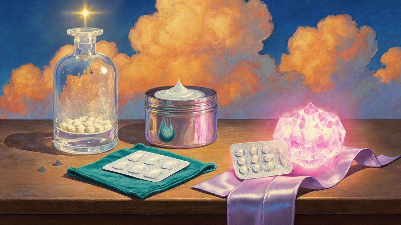 Illustration of oral tablets, patch, gel, vaginal insert, and combo pill displayed on a table.