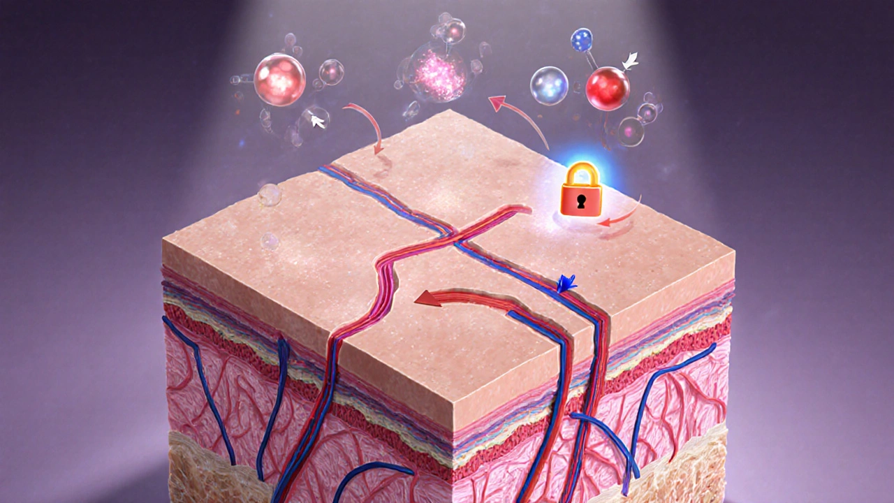 Illustration of skin layers with glowing retinoid molecules binding to receptors and boosting collagen.