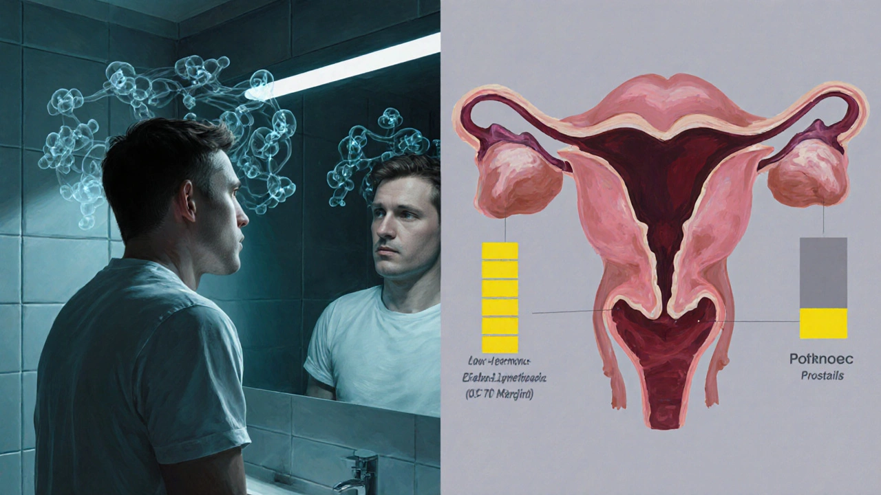 Man looking anxious beside a diagram showing cortisol stress and low testosterone.