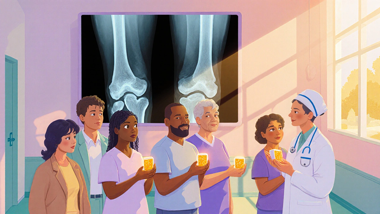 Patients holding glowing Baricitinib tablets beside before‑after X‑ray images showing reduced joint erosion.
