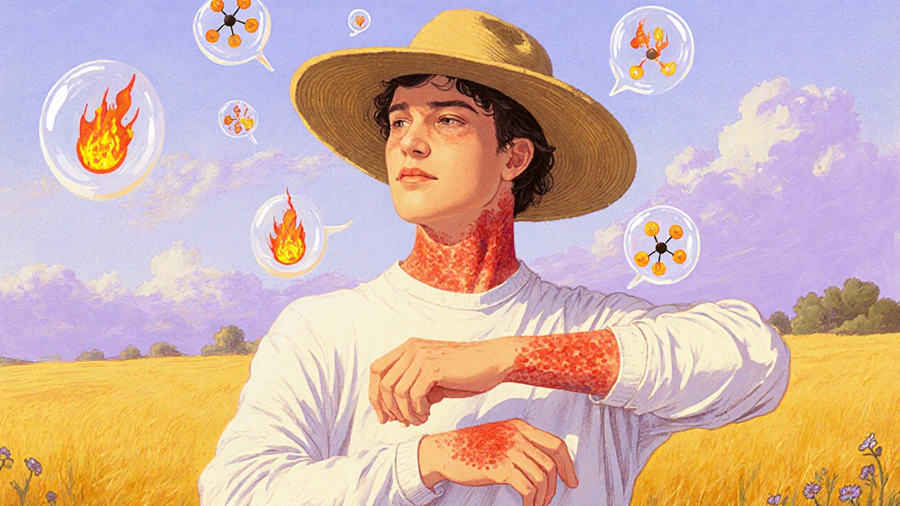 Person with sunburn‑like rash on forearms, surrounded by glowing reactive oxygen symbols.