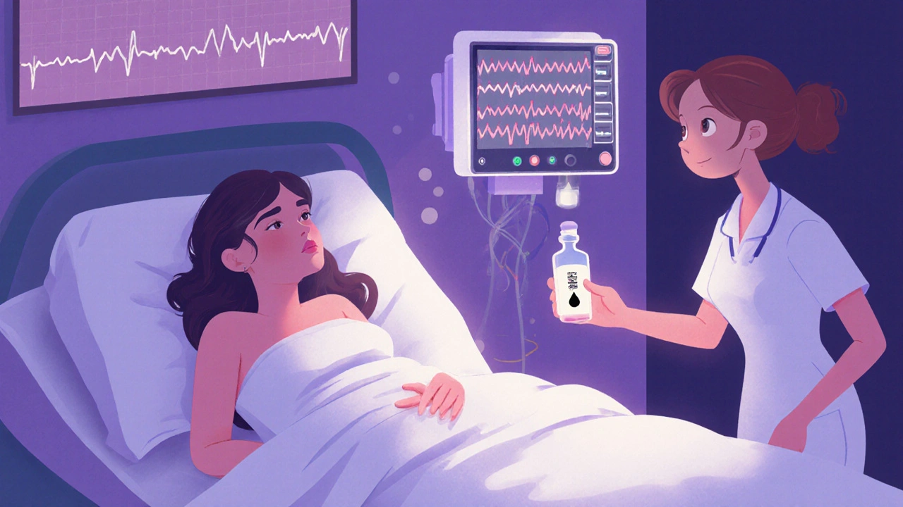 Pregnant patient on a monitor receiving Bethanechol with visual uterine fibers and heart‑rate tracing.