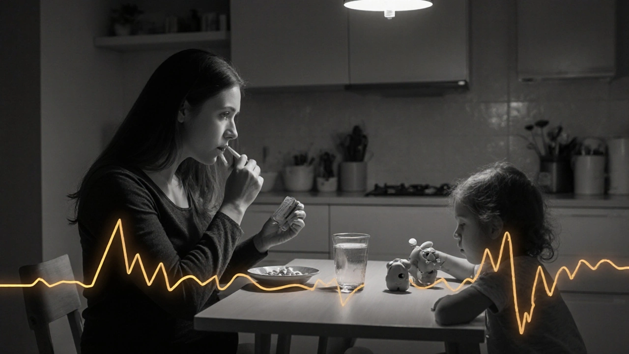 Pregnant woman and child taking erythromycin tablets at home, with subtle heart monitor line, monochrome.