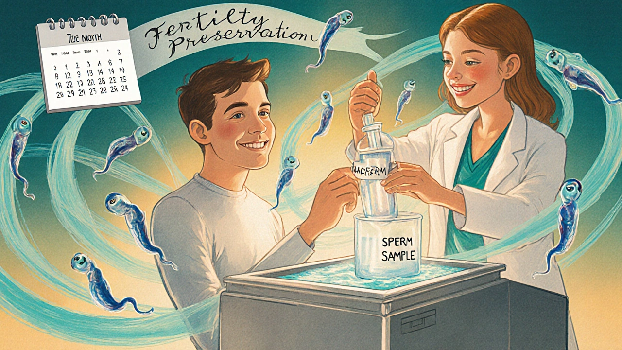 Scene of a man banking sperm with a doctor and glowing sperm swimmers in a pastel clinic.