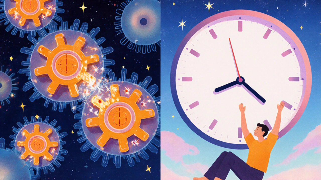 Split illustration showing naproxen blocking enzymes and a clock indicating long relief.