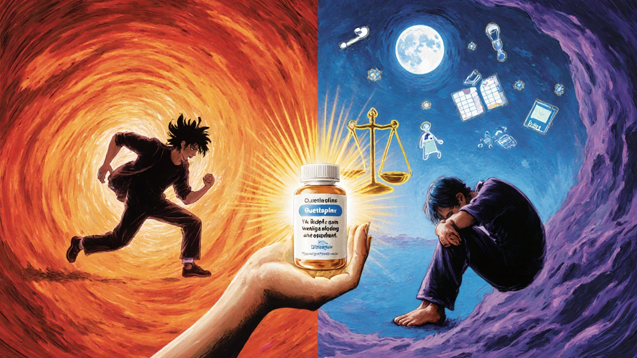 Split scene showing manic energy and depressive gloom balanced by a Quetiapine bottle.