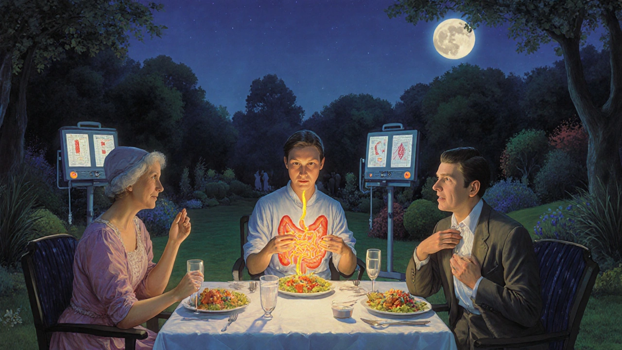 Three patients enjoying a meal under moonlight, with golden light showing improved digestion.