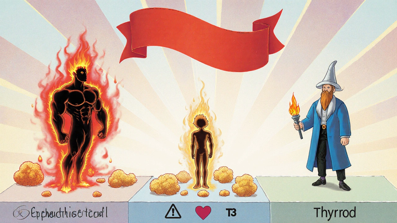 Three stylized characters representing clenbuterol, ephedrine, and T3 showing differing sugar effects with a warning banner.