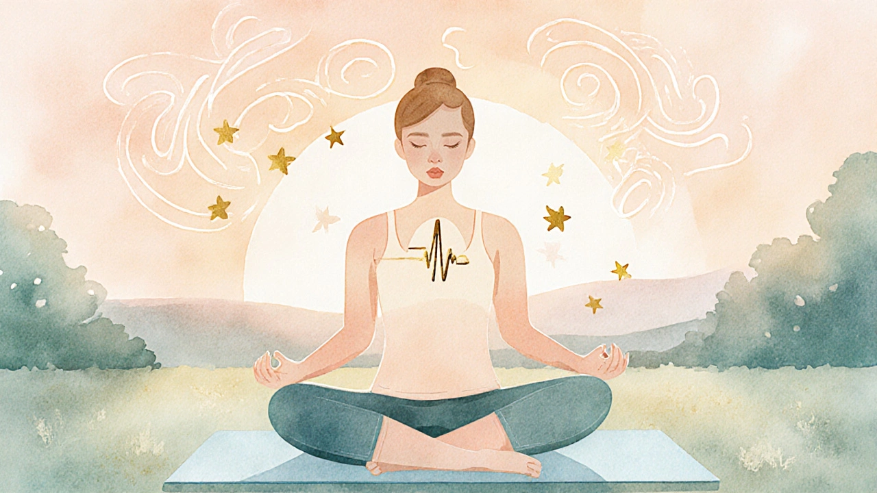 Watercolor of a person doing yoga with steady ECG line and calm, reduced inflammation visual.