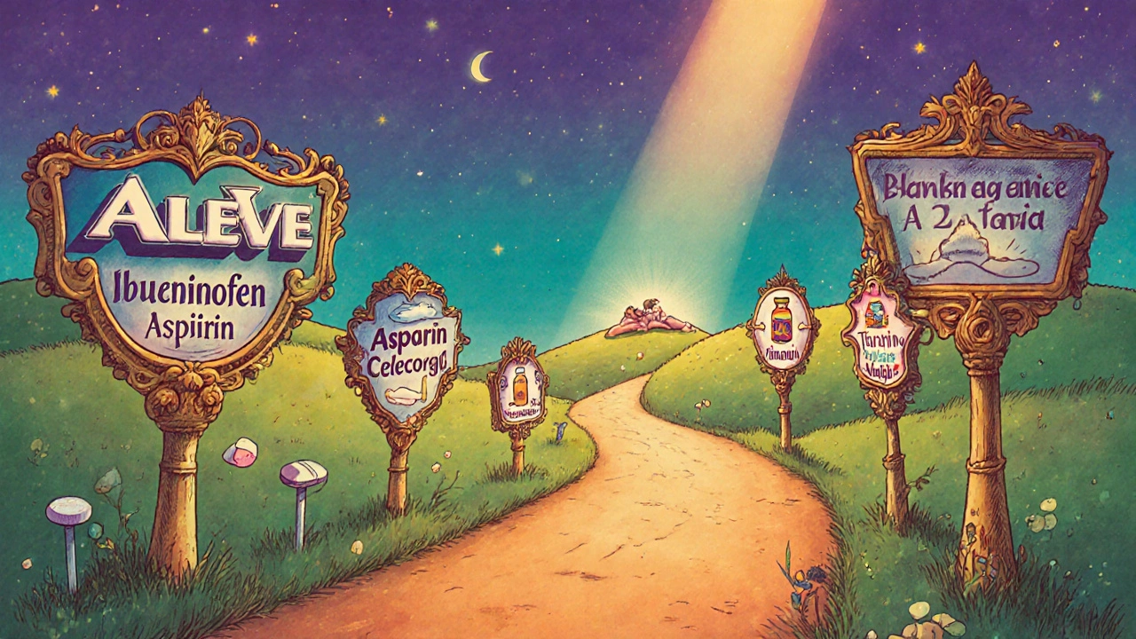 Whimsical road with signs for various pain relievers leading to a relaxed figure.