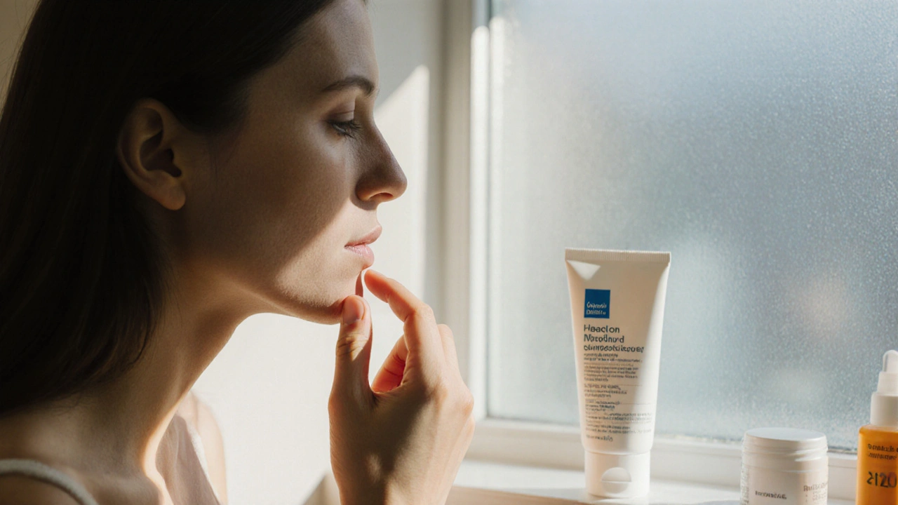 Woman applying a pea‑size amount of gel to her face, with sunscreen and moisturizer nearby.