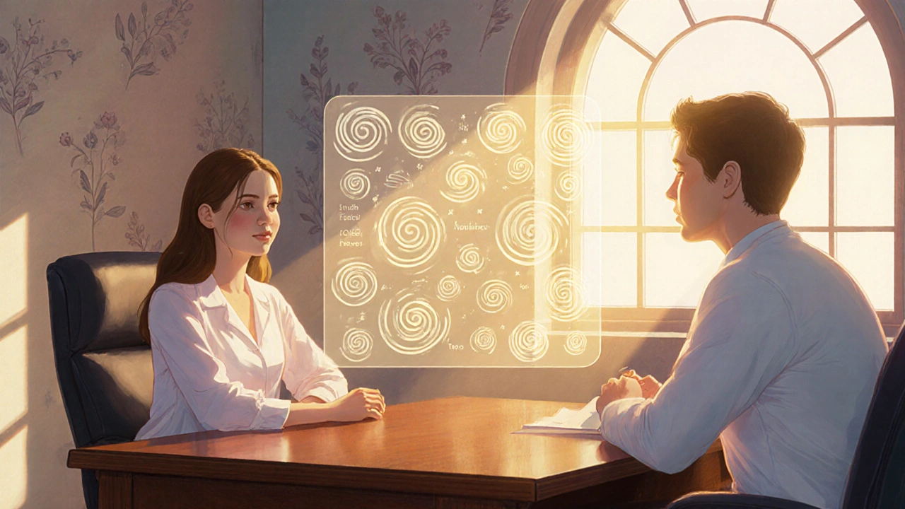 Woman consulting a doctor with a glowing floating chart of treatment options.