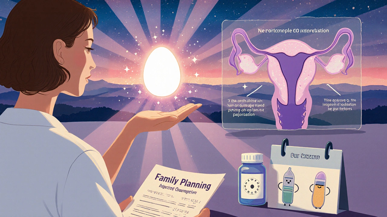 Woman consulting doctors about fertility, with glowing egg, calendar, and contraceptive options.