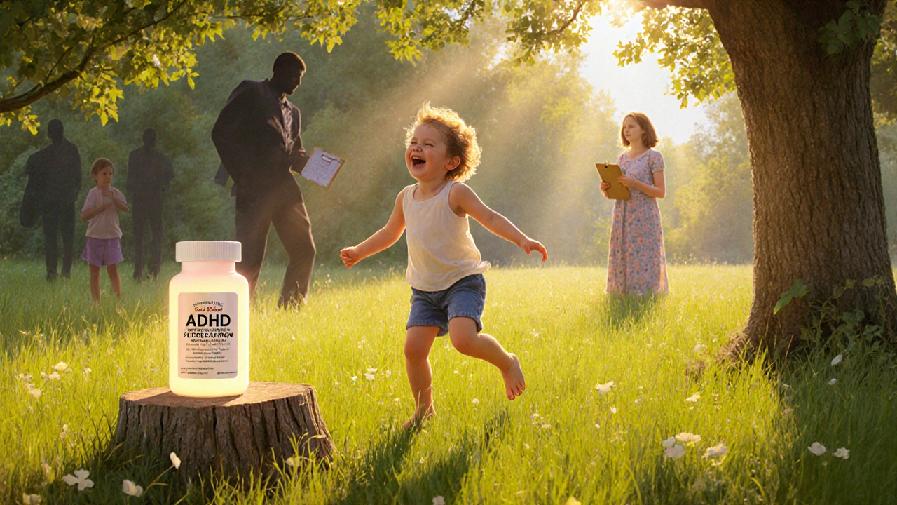 A child playing in a meadow with a medication bottle nearby, while shadowy figures fade away, representing ADHD break risks and benefits.