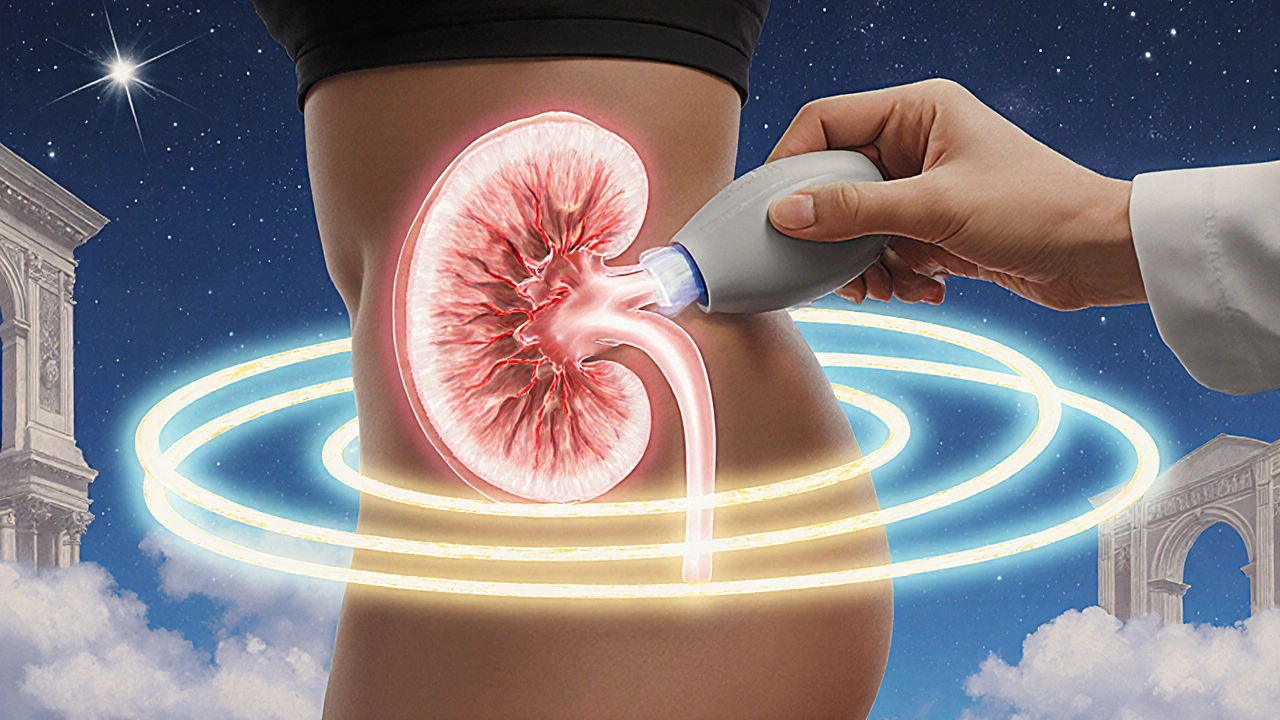 A doctor performing ultrasound as golden Doppler waves reveal internal kidney structures.