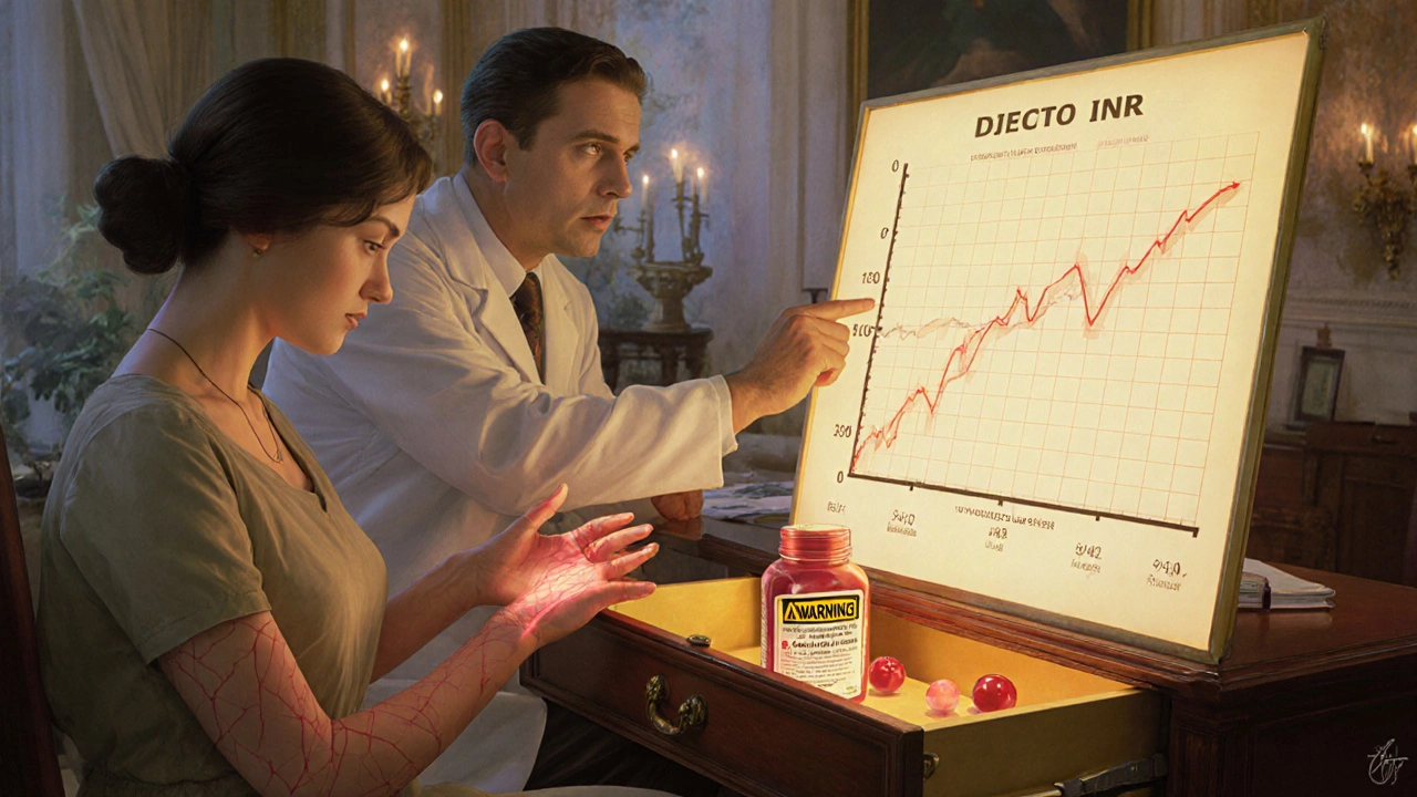 A doctor points to an INR chart as a patient&#039;s hands show glowing red veins, with cranberry supplements visible in the background.