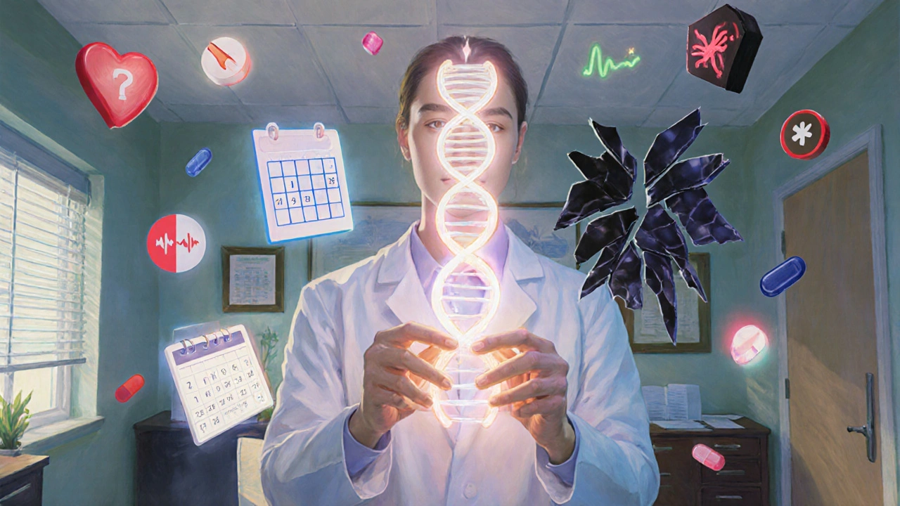 A doctor’s office with a glowing DNA strand splitting into safe and dangerous paths, illustrating personalized drug holiday risks.