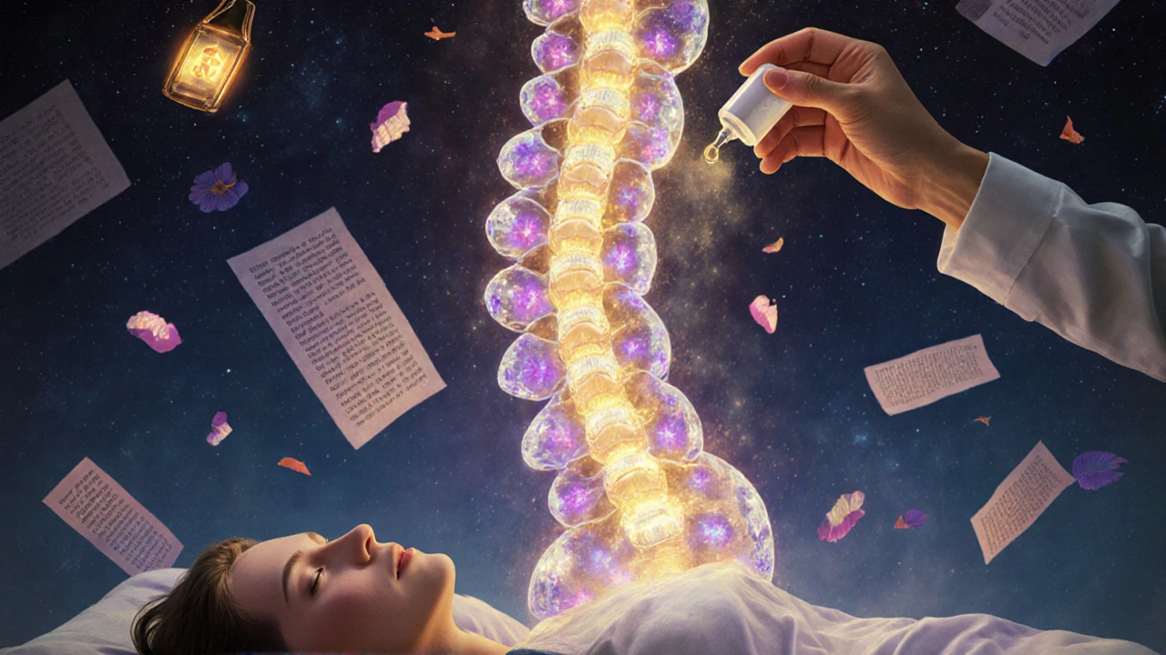 A glowing spinal cord with opioid molecules activating receptors, while antihistamine mist dissolves itch signals.