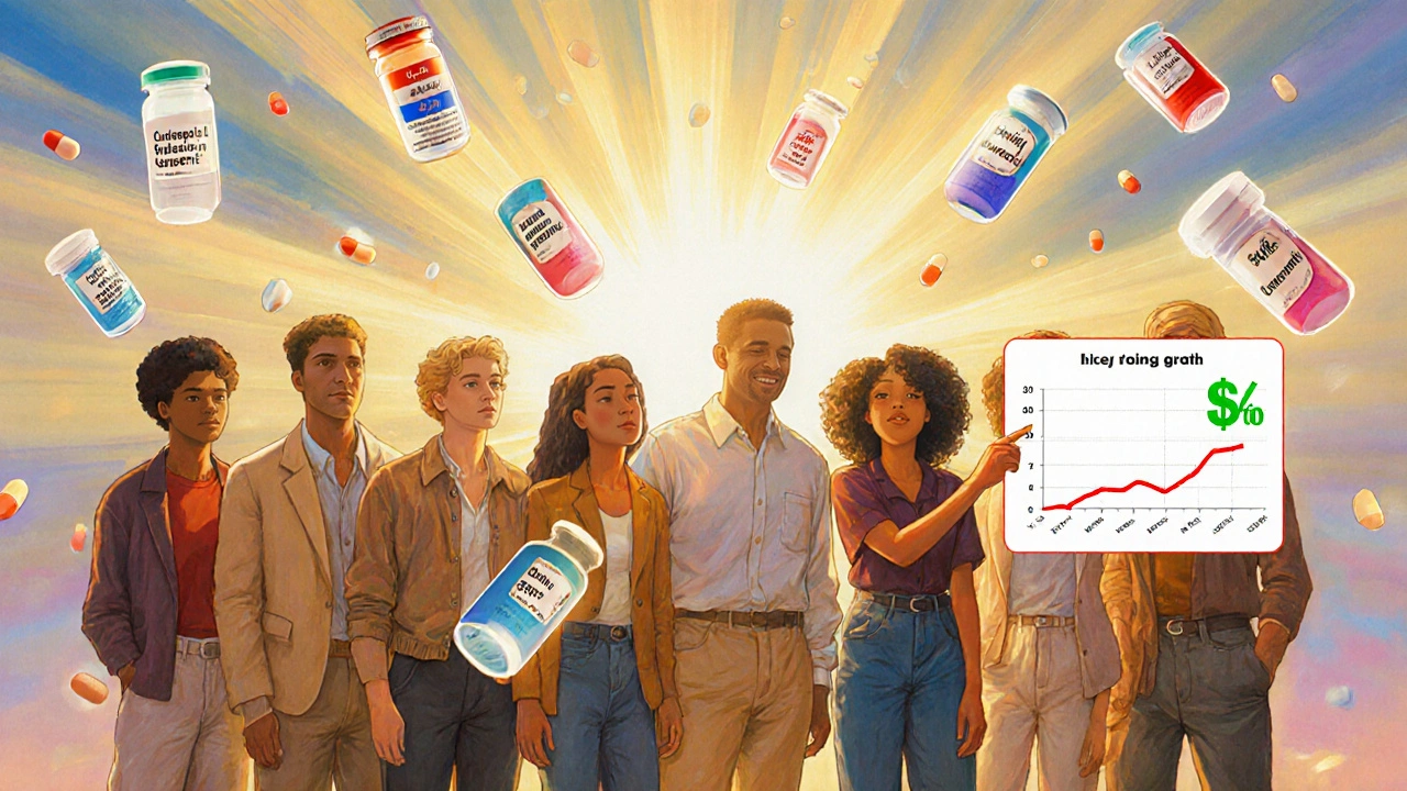 A group of people stand under a radiant sky with floating pills, representing affordable medication choices and cost savings.