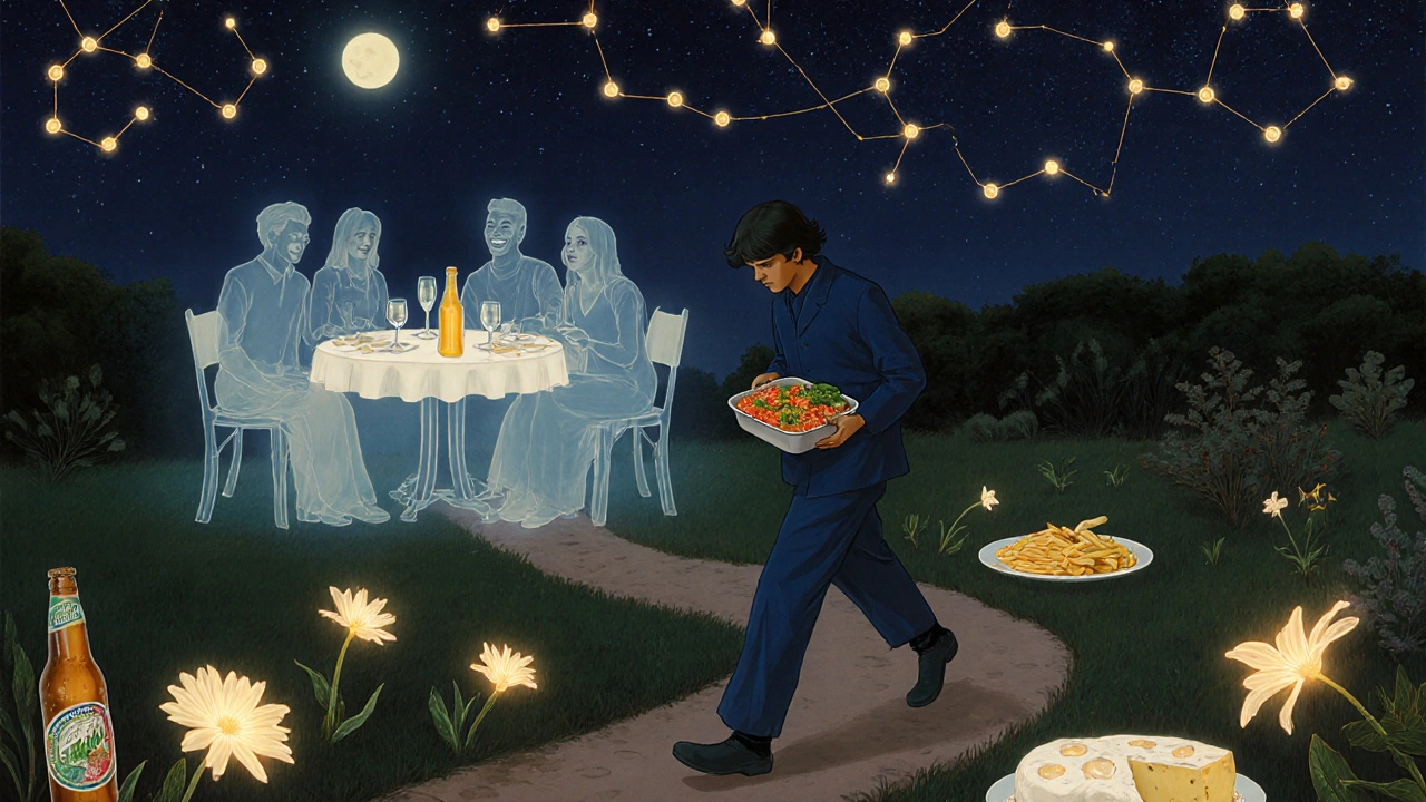 A lone figure walking at night with homemade food, ghostly restaurant scene behind them under starlit neurotransmitter constellations.